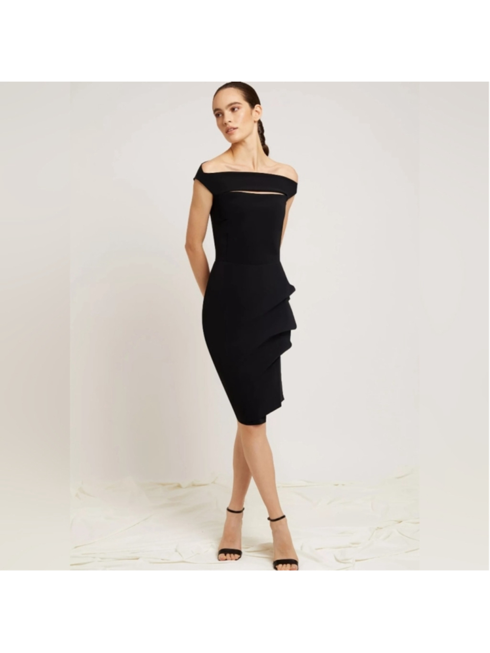 Chiara Boni Black One-Shoulder Sheath Dress with Side Ruffles Size 10(46) In EUC